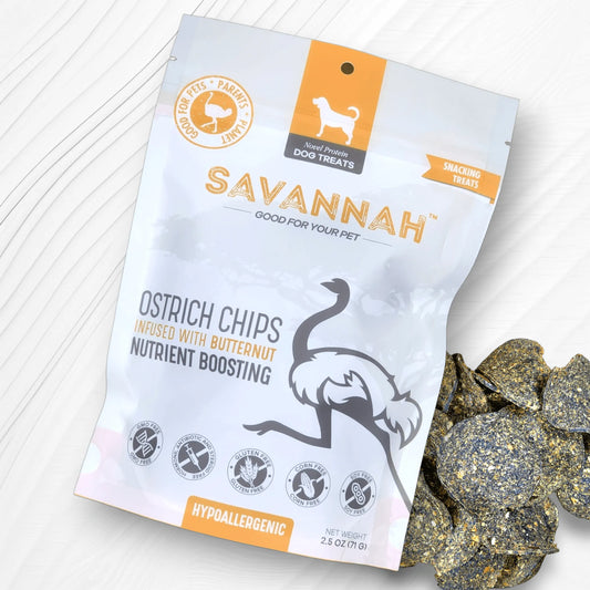 Ostrich Chips with Butternut : The Flavorful, Hypoallergenic Treat for Dogs with Sensitive Stomachs by Savannah Pet Food