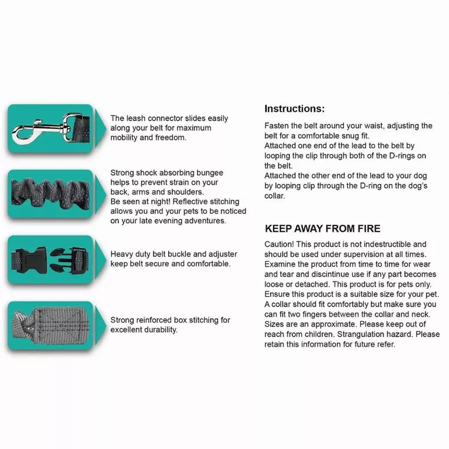 JESPET Hands Free Dog Leash for Running, Walking, Hiking Jogging for Medium & Large Dogs up to 150lbs, Durable Dual Handle Waist Leash with Reflective Bungee and Adjustable Waist by JESPET