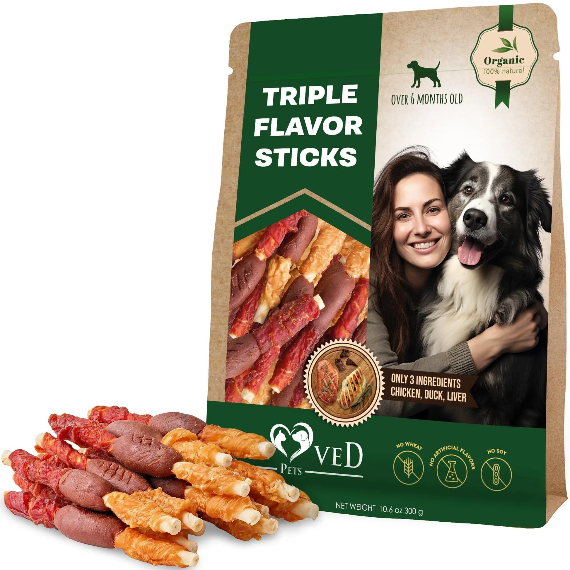 Triple Flavor Dog Rawhide Treats Duck & Chicken Human Grade Meat Natural & Organic Pet Dried Snacks Grain Free Long Lasting Chews for Large & Small Do by Beloved Pets