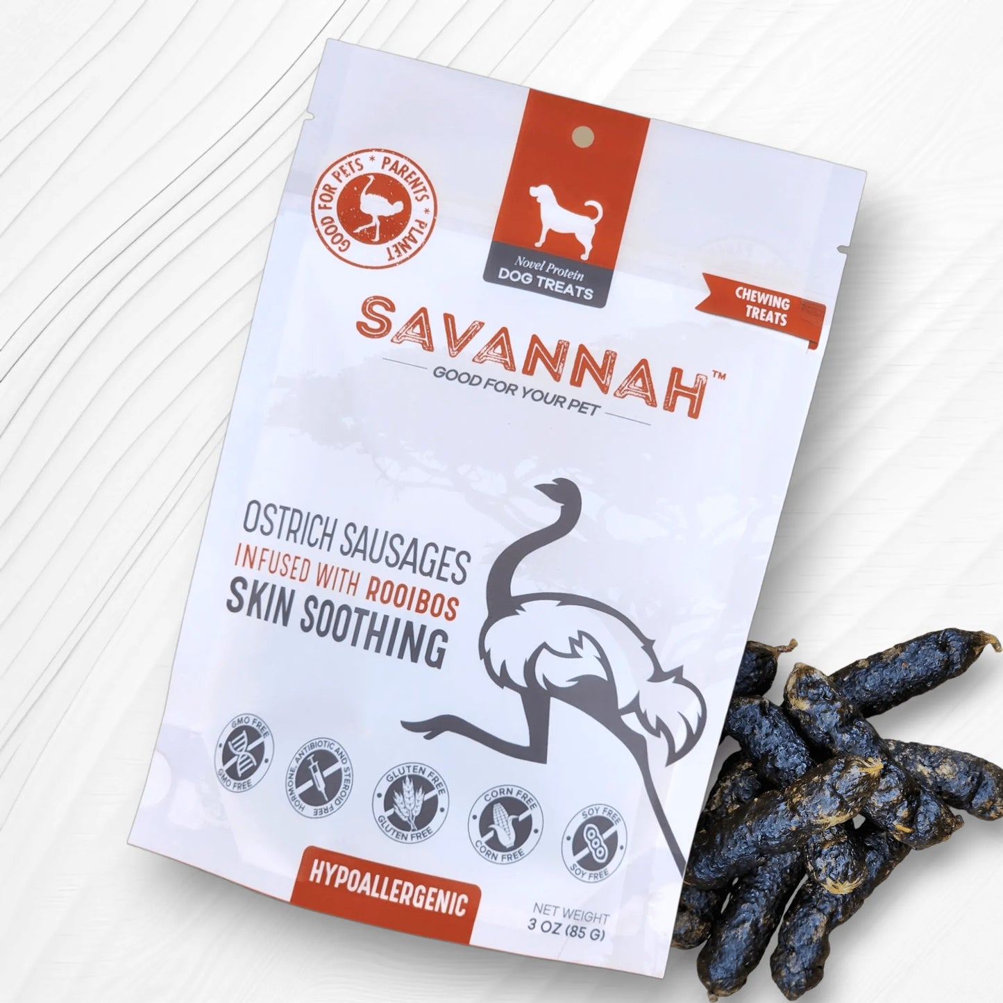 Ostrich Sausages with Rooibos : The Delicious, Skin-Soothing Treat for Dogs with Allergies by Savannah Pet Food